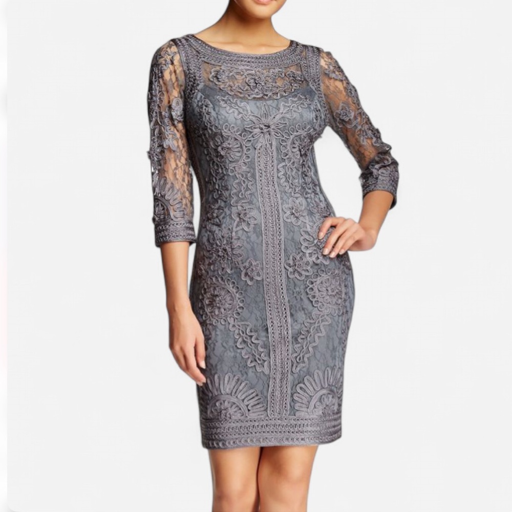 NWT Sue Wong Nocturne Illusion Lace Dark Romance Cocktail Dress in Charcoal